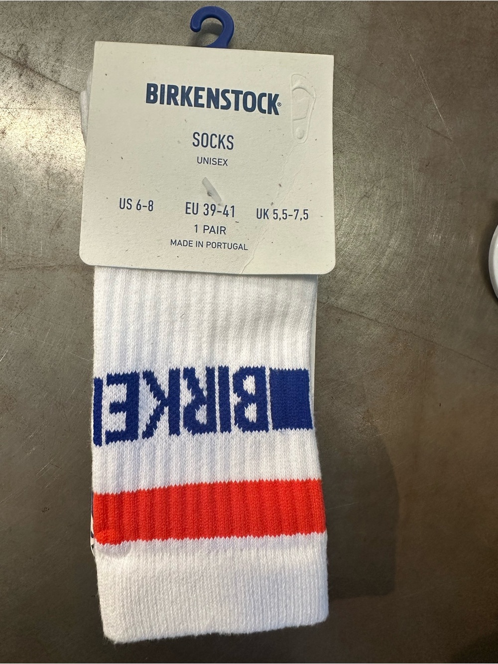 Birkenstock White Crew Socks with Blue Logo and Red Stripe